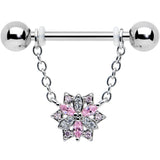 14G 9/16 Pink Clear CZ Gem Snowflake Chain Dangle Nipple Ring Set