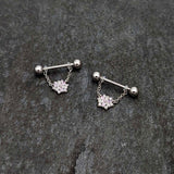 14G 9/16 Pink Clear CZ Gem Snowflake Chain Dangle Nipple Ring Set