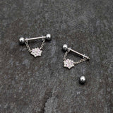 14G 9/16 Pink Clear CZ Gem Snowflake Chain Dangle Nipple Ring Set