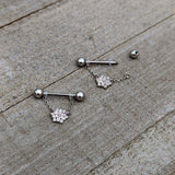 14G 9/16 Pink Clear CZ Gem Snowflake Chain Dangle Nipple Ring Set