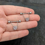 14G 9/16 Pink Clear CZ Gem Snowflake Chain Dangle Nipple Ring Set