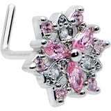 20G 7mm Pink Clear CZ Gem Snowflake L Shape Nose Ring