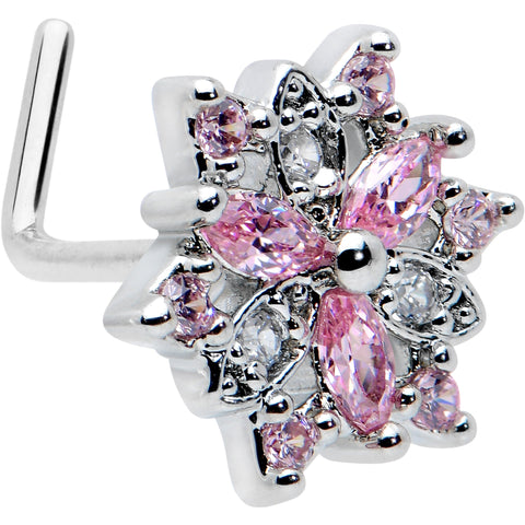 20G 7mm Pink Clear CZ Gem Snowflake L Shape Nose Ring
