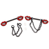 14G 11/16 Black Vampire Fangs Chain Dangle Nipple Ring Set