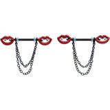 14G 11/16 Black Vampire Fangs Chain Dangle Nipple Ring Set
