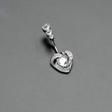 Clear CZ Gem Triple Drop Swirl Heart Valentine Double Mount Belly Ring