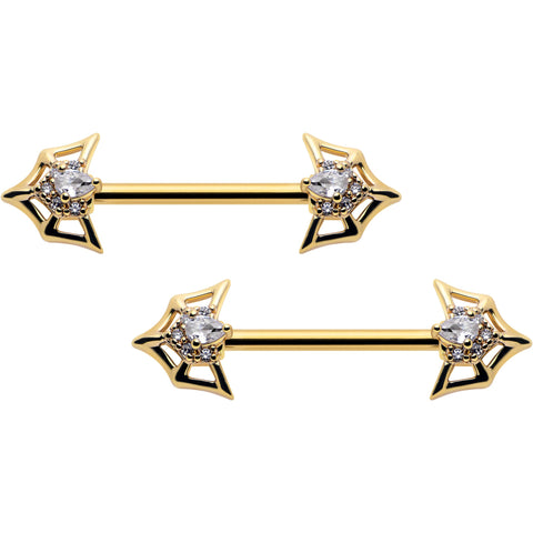 14G 5/8 Clear Gem Gold Tone Spider Bat Barbell Nipple Ring Set