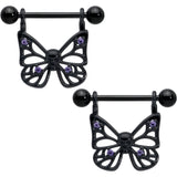 14G 11/16 Purple CZ Gem Black Skull Butterfly Dangle Nipple Ring Set
