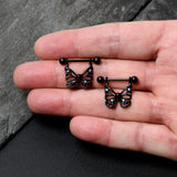 14G 11/16 Purple CZ Gem Black Skull Butterfly Dangle Nipple Ring Set