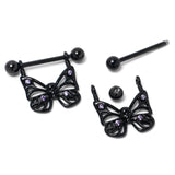 14G 11/16 Purple CZ Gem Black Skull Butterfly Dangle Nipple Ring Set