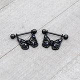 14G 11/16 Purple CZ Gem Black Skull Butterfly Dangle Nipple Ring Set