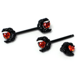 14G 9/16 Red CZ Gem Black Scroll Moon Heart Barbell Nipple Ring Set