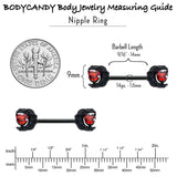 14G 9/16 Red CZ Gem Black Scroll Moon Heart Barbell Nipple Ring Set