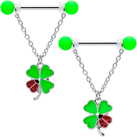 14G 11/16 Ladybug Shamrock UV Glow Chain Dangle Nipple Ring Set