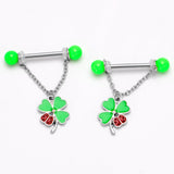 14G 11/16 Ladybug Shamrock UV Glow Chain Dangle Nipple Ring Set