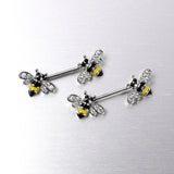 14G 9/16 Clear CZ Gem Honey Bees Barbell Nipple Ring Set