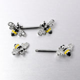 14G 9/16 Clear CZ Gem Honey Bees Barbell Nipple Ring Set