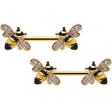14G 9/16 Clear CZ Gem Gold Hue Honey Bees Barbell Nipple Ring Set