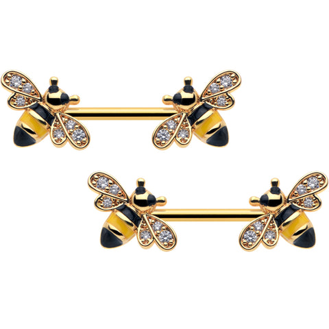 14G 9/16 Clear CZ Gem Gold Hue Honey Bees Barbell Nipple Ring Set