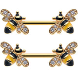 14G 9/16 Clear CZ Gem Gold Hue Honey Bees Barbell Nipple Ring Set