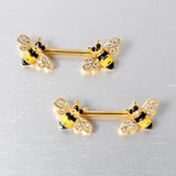 14G 9/16 Clear CZ Gem Gold Hue Honey Bees Barbell Nipple Ring Set