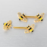 14G 9/16 Clear CZ Gem Gold Hue Honey Bees Barbell Nipple Ring Set