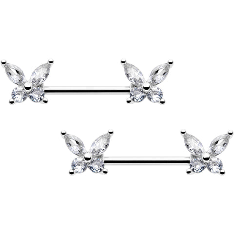 14G 9/16 Clear CZ Gem Butterflies Barbell Nipple Ring Set
