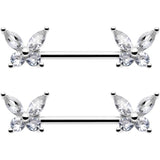 14G 9/16 Clear CZ Gem Butterflies Barbell Nipple Ring Set