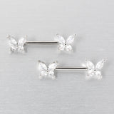 14G 9/16 Clear CZ Gem Butterflies Barbell Nipple Ring Set