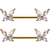 14G 9/16 Clear CZ Gem Gold Tone Butterflies Barbell Nipple Ring Set