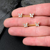 14G 9/16 Clear CZ Gem Gold Tone Butterflies Barbell Nipple Ring Set