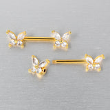 14G 9/16 Clear CZ Gem Gold Tone Butterflies Barbell Nipple Ring Set