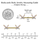 14G 9/16 Clear CZ Gem Gold Tone Butterflies Barbell Nipple Ring Set