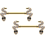 14G 9/16 Clear Black CZ Gem Gold Tone Sexy Snakes Nipple Ring Set