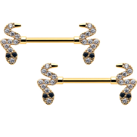 14G 9/16 Clear Black CZ Gem Gold Tone Sexy Snakes Nipple Ring Set