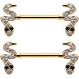 14G 9/16 Clear Black CZ Gem Gold Tone Sexy Snakes Nipple Ring Set