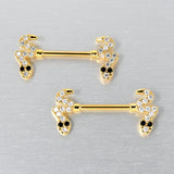 14G 9/16 Clear Black CZ Gem Gold Tone Sexy Snakes Nipple Ring Set