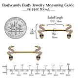 14G 9/16 Clear Black CZ Gem Gold Tone Sexy Snakes Nipple Ring Set