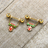 14G 9/16 Gold Tone Santa Merry Christmas Dangle Nipple Ring Set