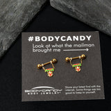 14G 9/16 Gold Tone Santa Merry Christmas Dangle Nipple Ring Set