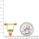14G 9/16 Gold Tone Santa Merry Christmas Dangle Nipple Ring Set