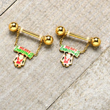 14G 9/16 Gold Tone Santa Merry Christmas Dangle Nipple Ring Set