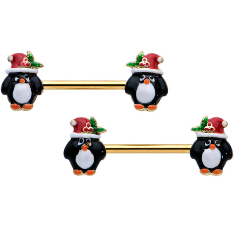 14G 9/16 Gold Tone Holly Hat Penguin Barbell Nipple Ring Set