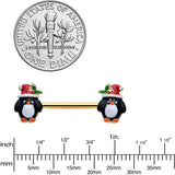 14G 9/16 Gold Tone Holly Hat Penguin Barbell Nipple Ring Set