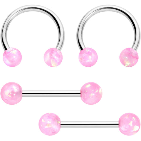 14G 3/8 9/16 Pink Faux Opal Horseshoe Barbell Nipple Ring Set of 4