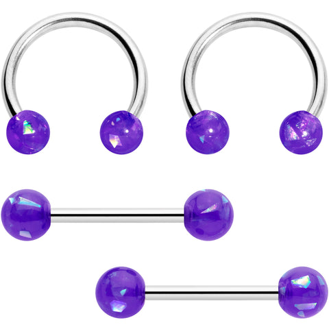 14G 9/16 Purple Faux Opal Horseshoe Barbell Nipple Ring Set of 4