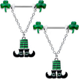 14G 11/16 Leprechaun Legs Shamrock Chain Dangle Nipple Ring Set