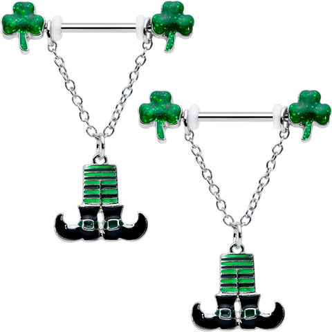 14G 11/16 Leprechaun Legs Shamrock Chain Dangle Nipple Ring Set