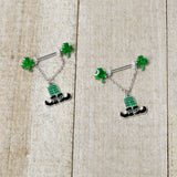 14G 11/16 Leprechaun Legs Shamrock Chain Dangle Nipple Ring Set
