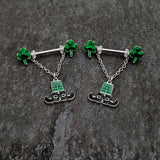 14G 11/16 Leprechaun Legs Shamrock Chain Dangle Nipple Ring Set